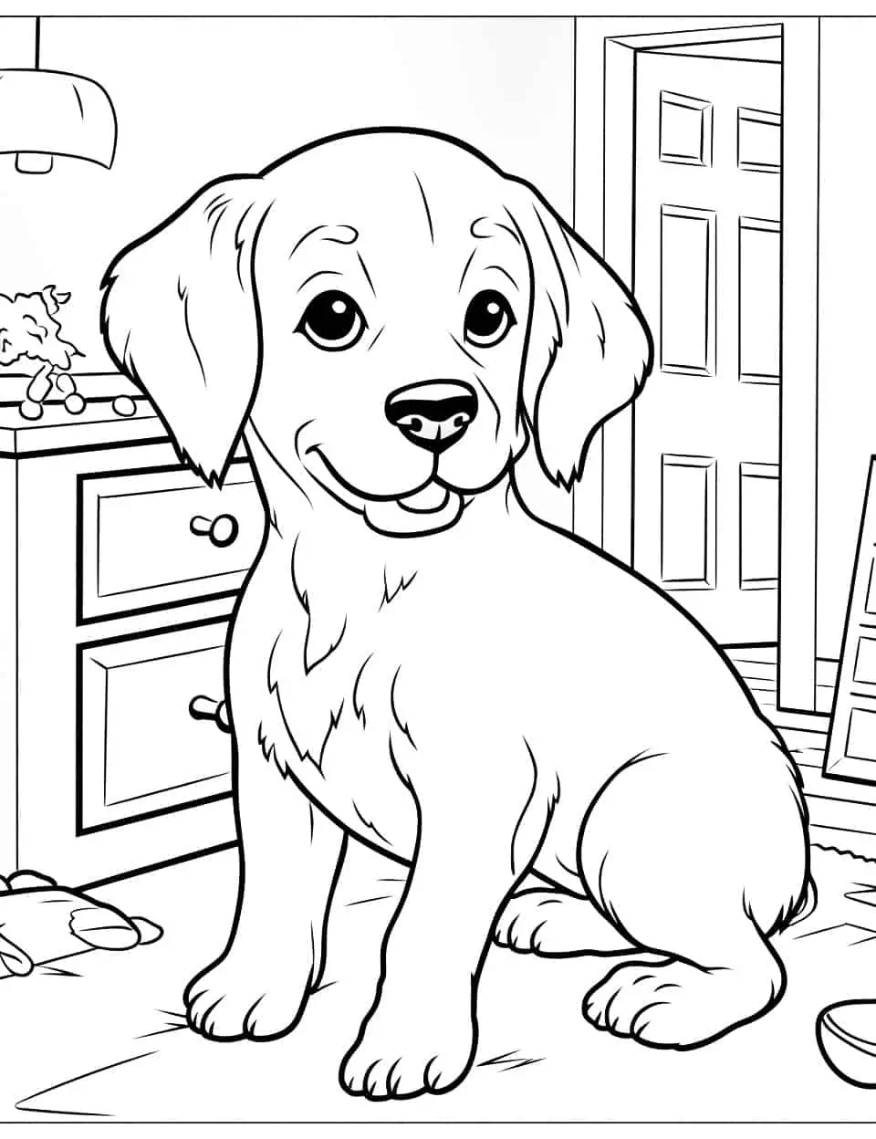 Life of a Golden Retriever Dog Coloring Page - A Golden Retriever, sitting on the floor waiting for his owner to come home.