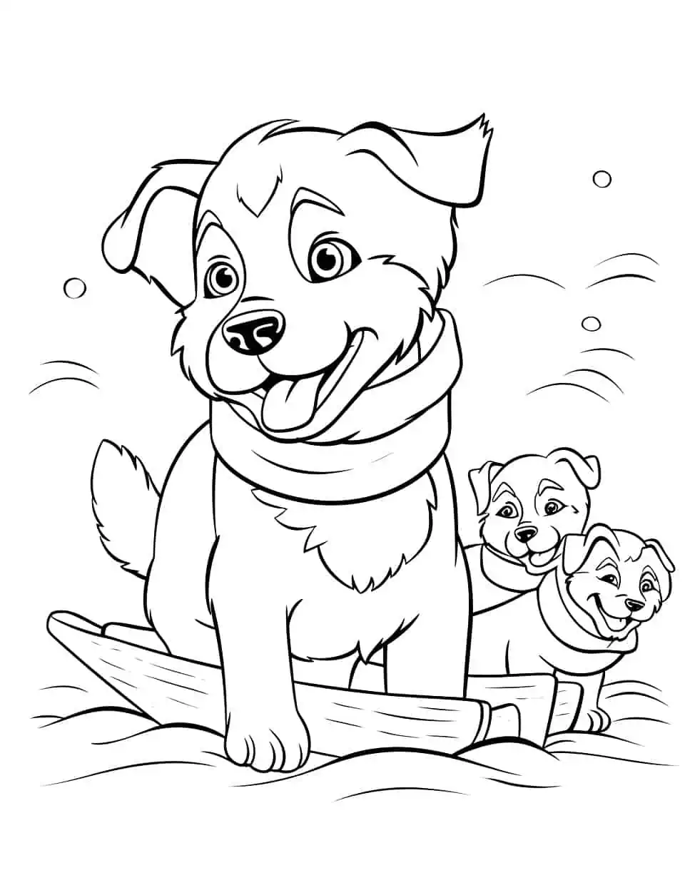 Sledding Husky Coloring Page - A group of Huskies pulling a sled in a snowy landscape.