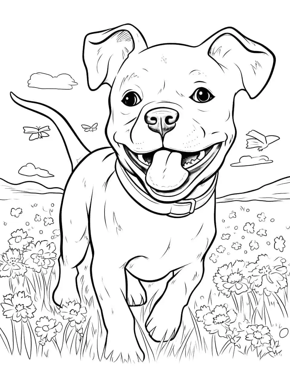 Pitbull in a Meadow Dog Coloring Page - A cheerful Pitbull is running freely in a meadow full of flowers.