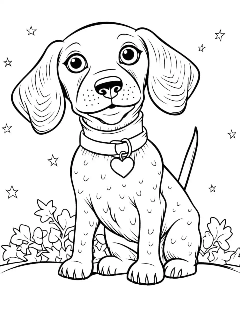 Christmas Dachshund Coloring Page - A Dachshund wearing a Christmas sweater, with a Christmas stars in the background.