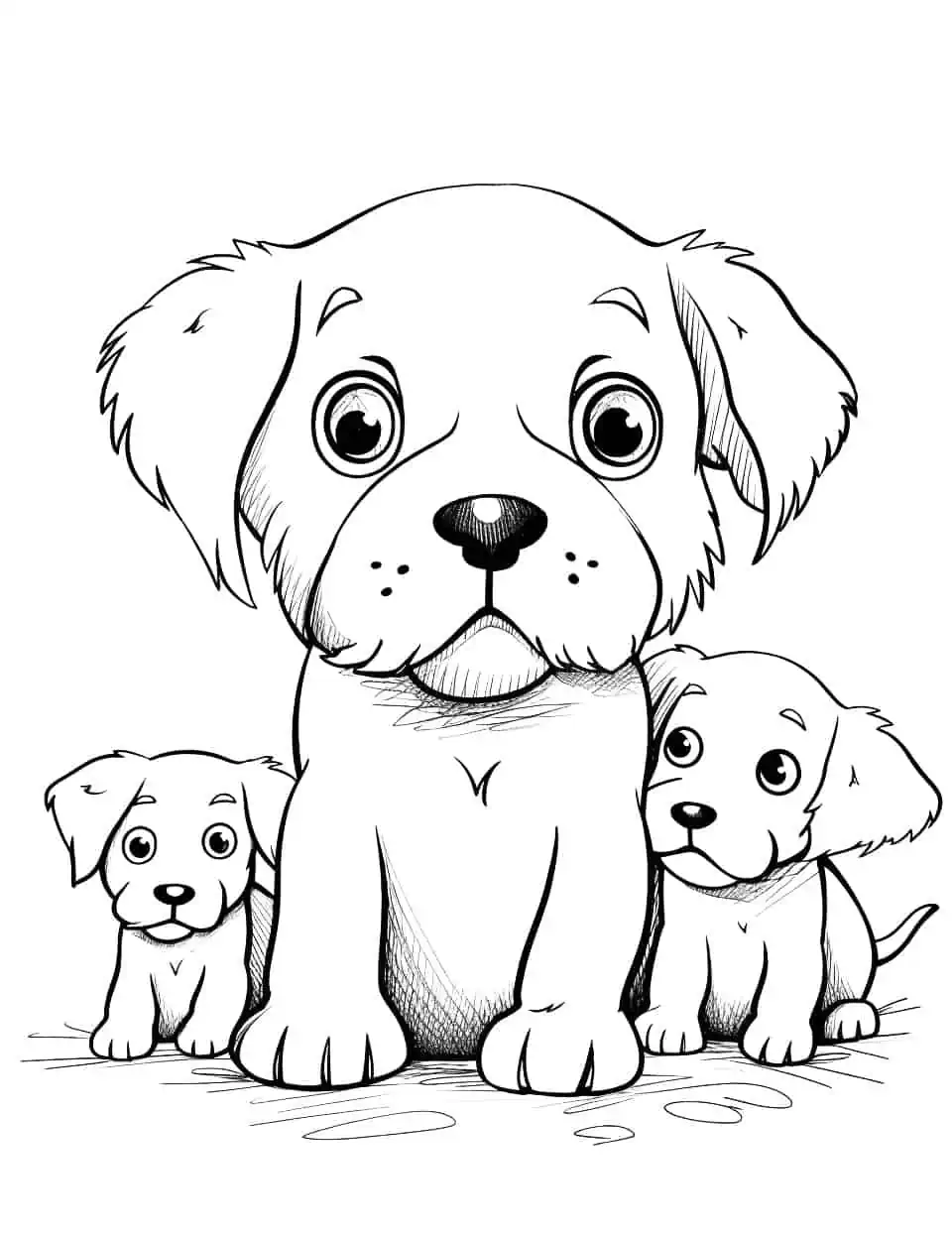 Baby Dog with Family Coloring Page - A baby dog is playing with its siblings under the watchful eyes of their mother.