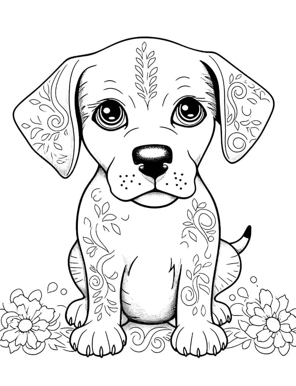 Mandala and Beagle Mix Dog Coloring Page - A friendly Beagle sitting in the center of a beautiful mandala pattern.