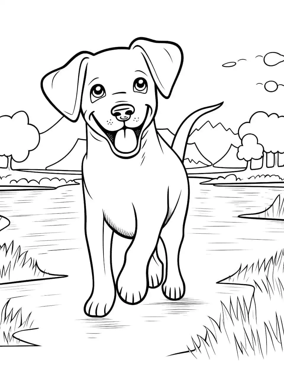 Labrador at the Park Coloring Page - A happy Labrador running in a park with trees and a pond in the background.