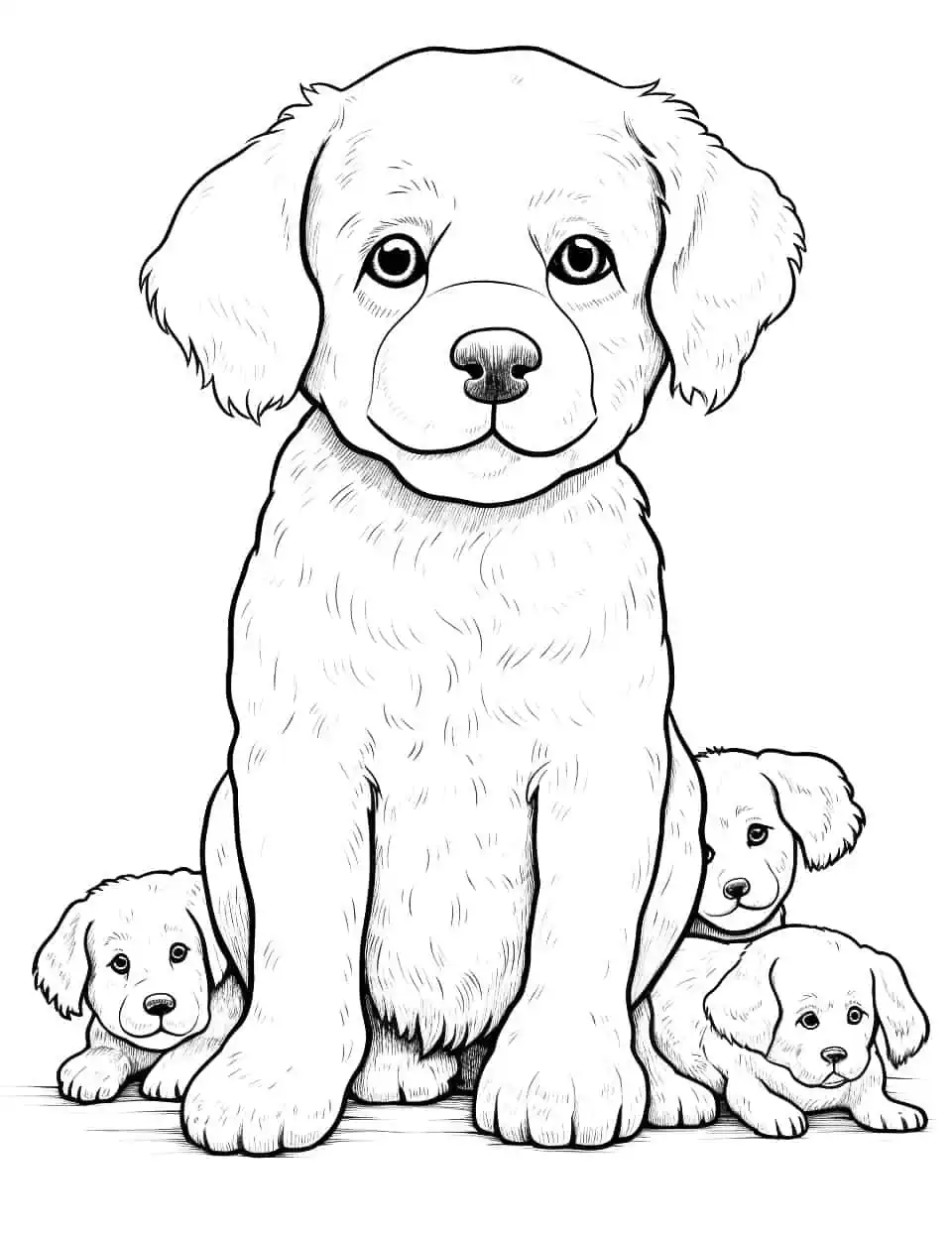 Poodle with Puppies Coloring Page - A loving Poodle mother taking care of her playful puppies.