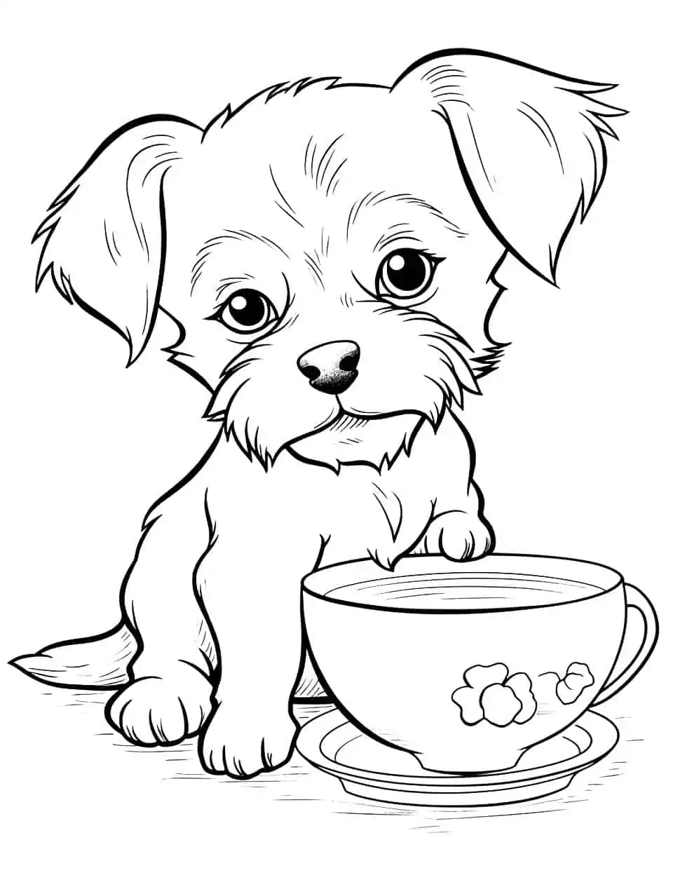 Yorkie and a Teacup Coloring Page - A tiny Yorkie puppy sitting next to a teacup, looking adorable.