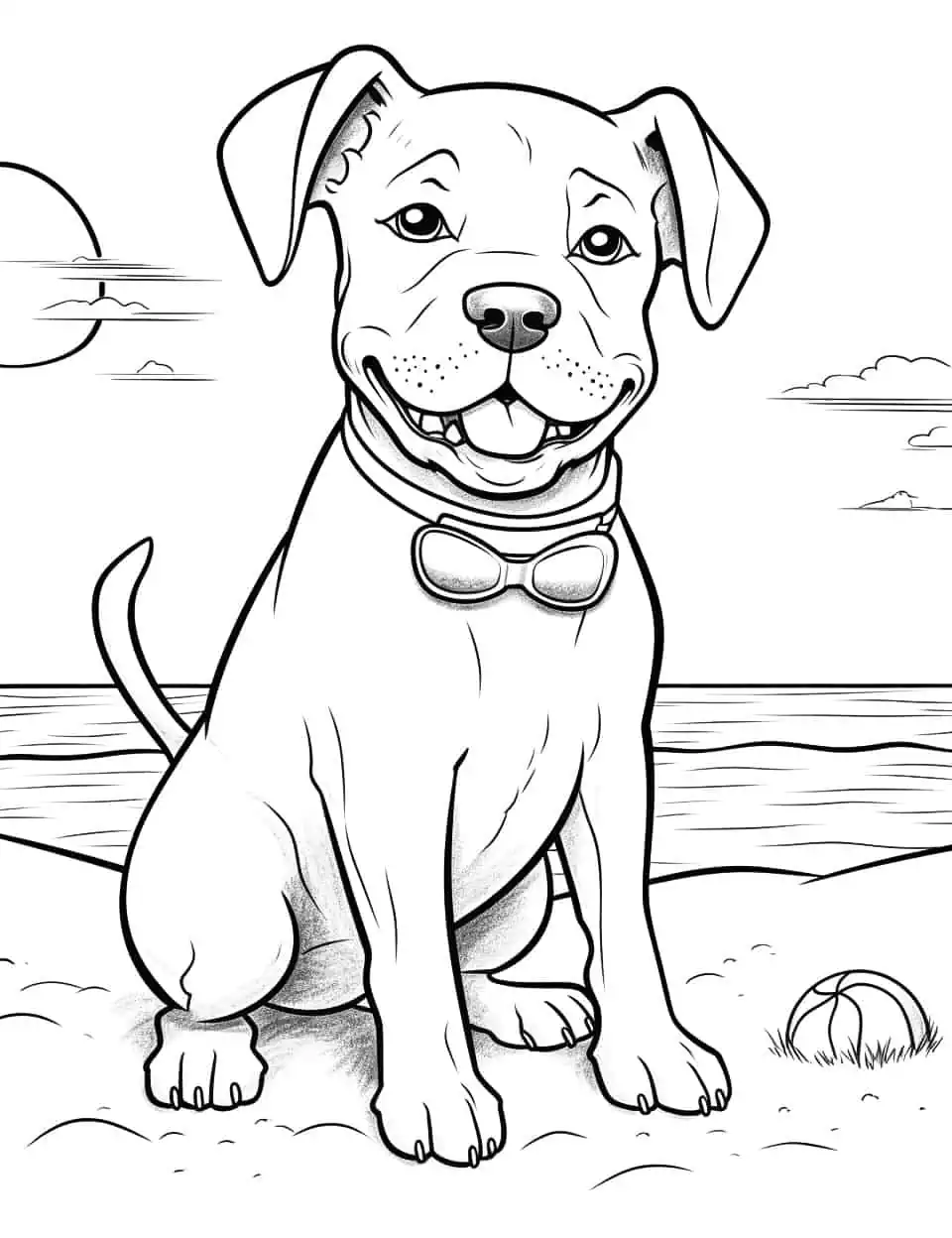 Pitbull at the Beach Dog Coloring Page - A pit bull playing with a beach ball on a sunny beach.