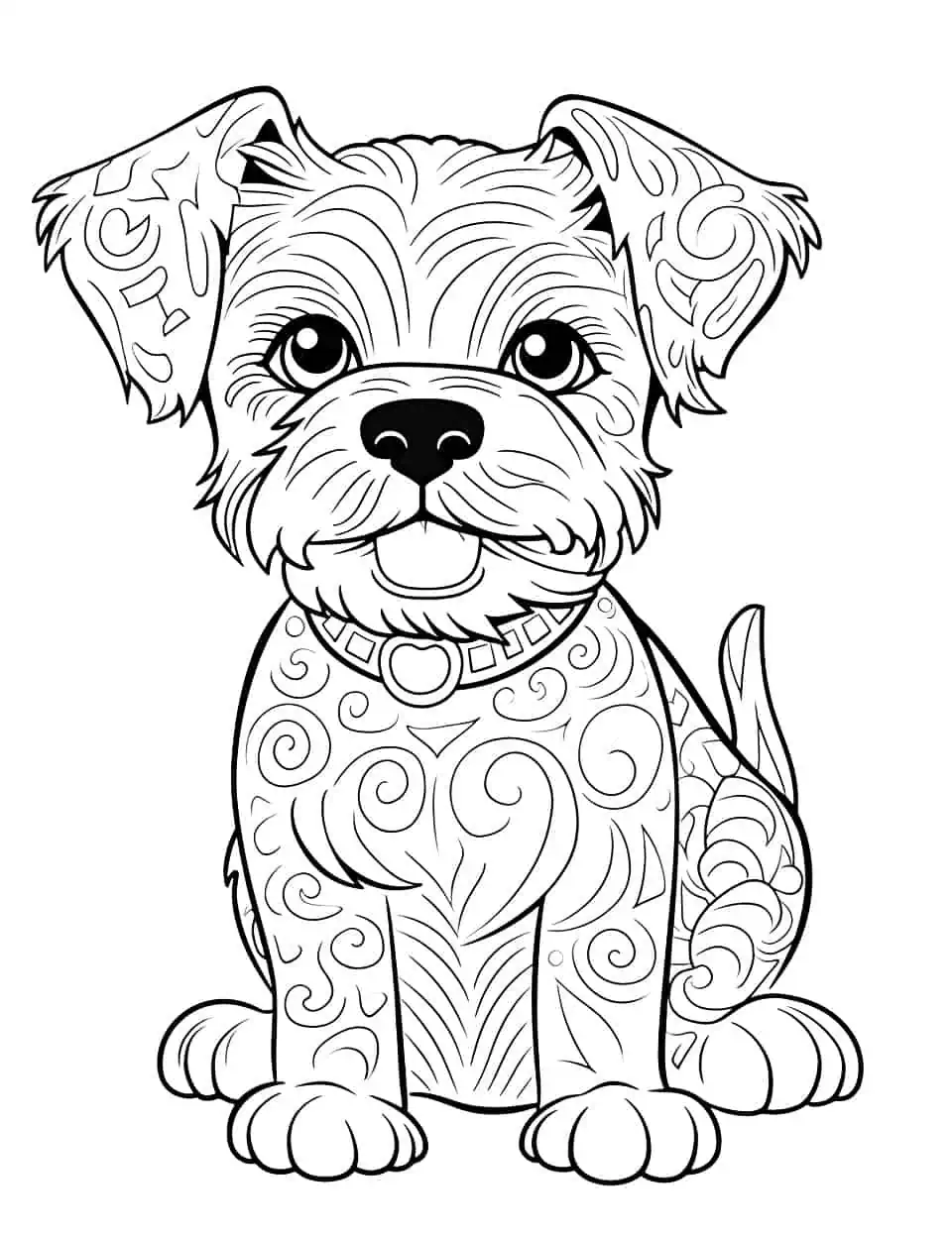 Mandala and Yorkie Mix Dog Coloring Page - A sophisticated Yorkie with a complex mandala design in the background.