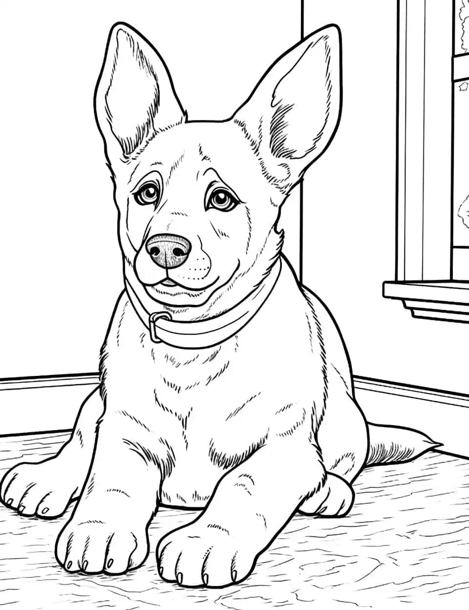 German Shepherd's Day Off Dog Coloring Page - A German Shepherd enjoys a day off at home, lounging on a cozy rug.