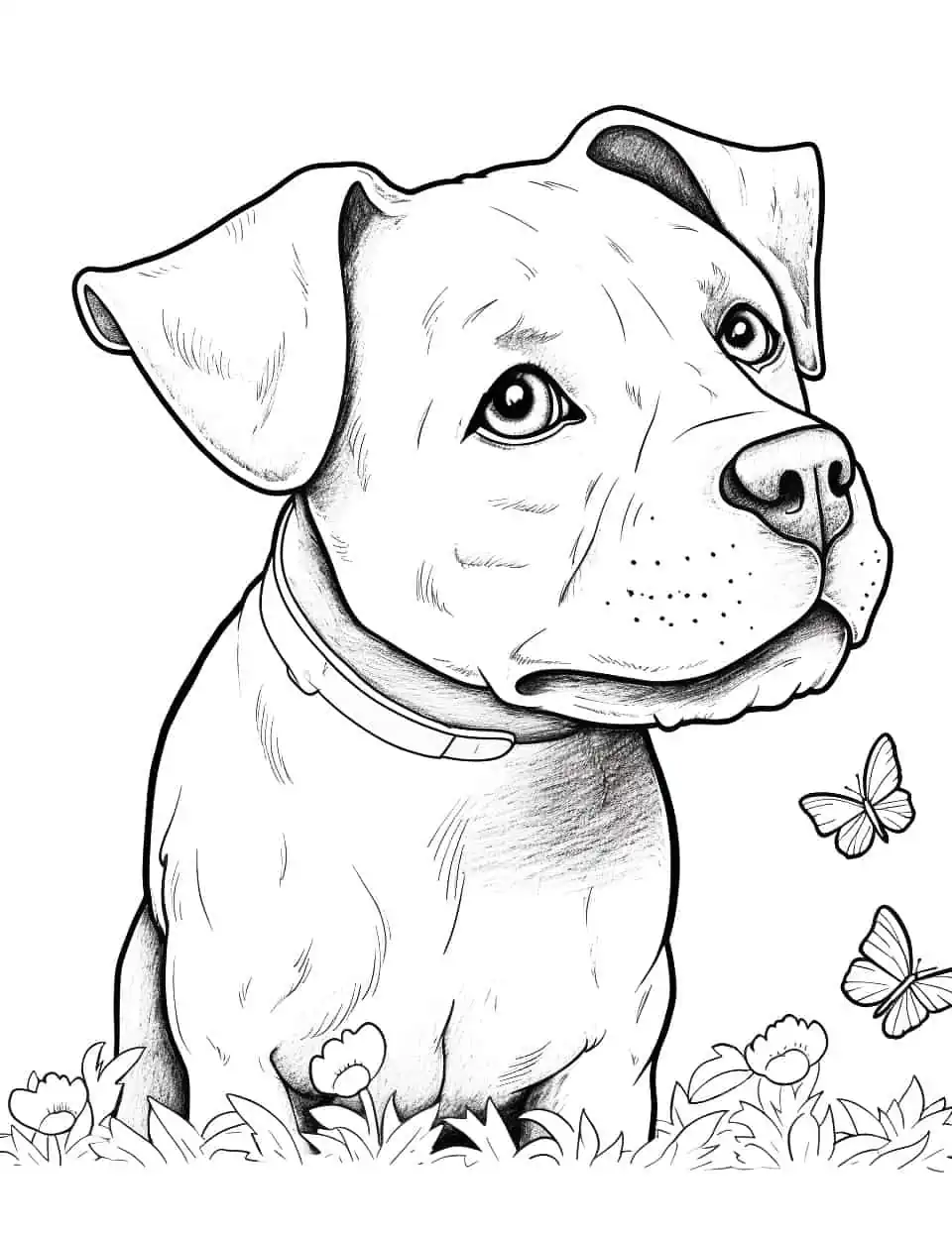 Pitbull and the Butterfly Dog Coloring Page - A pitbull curiously watching a butterfly flying in the garden.