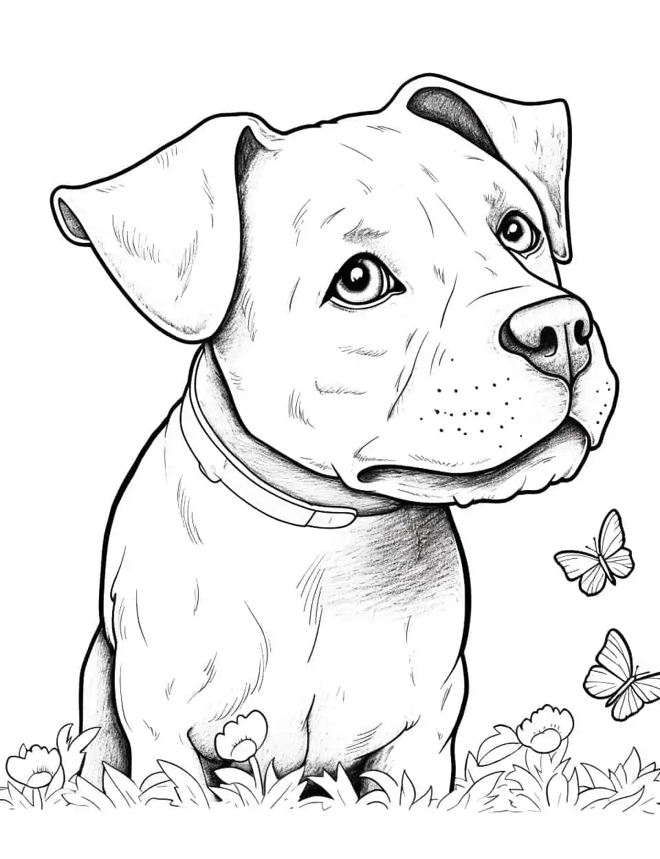 Pitbull and the Butterfly Dog Coloring Page - A pitbull curiously watches a butterfly flying in the garden.