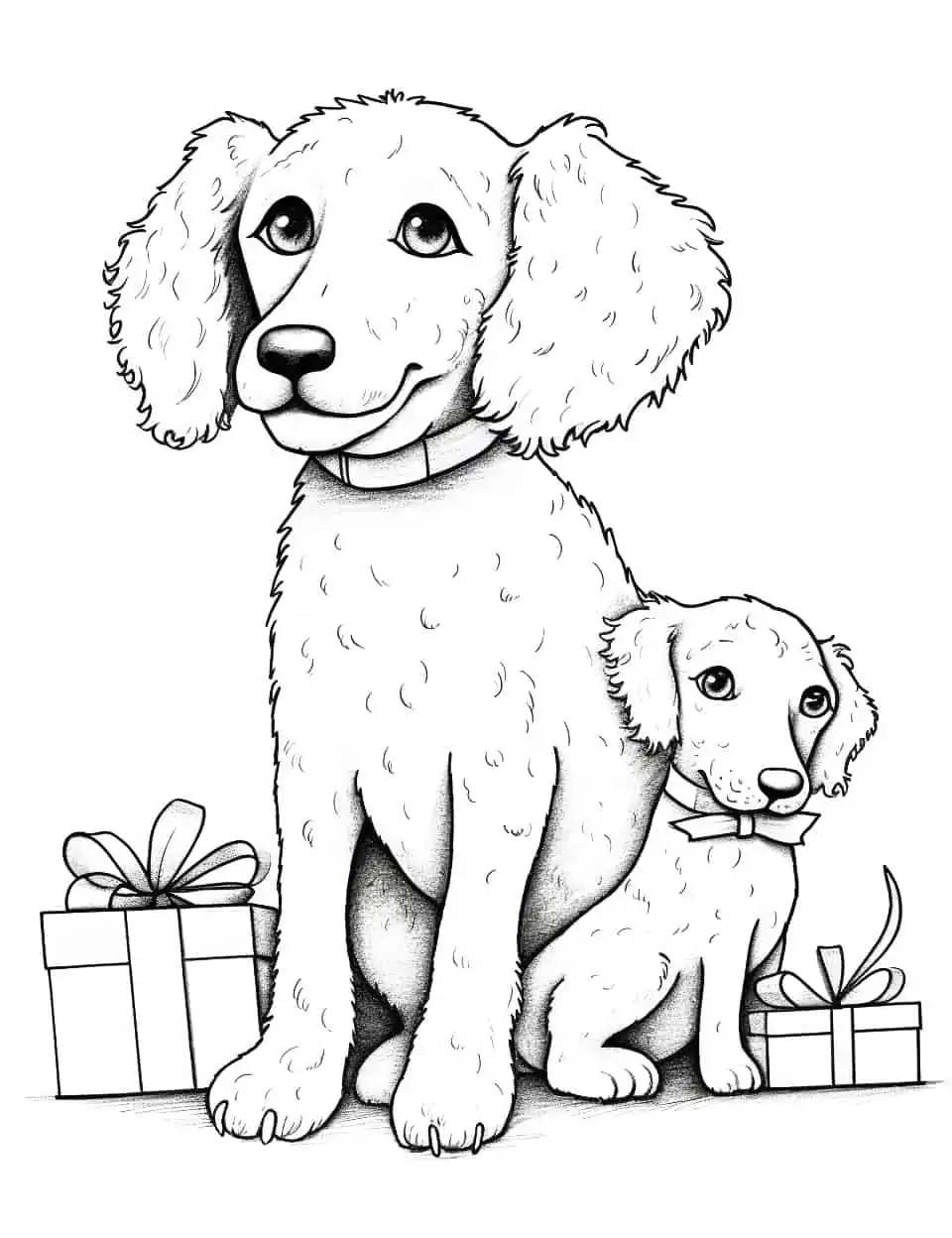 Christmas with Poodles Dog Coloring Page - A couple of Poodles playfully waiting to open their Christmas gifts.