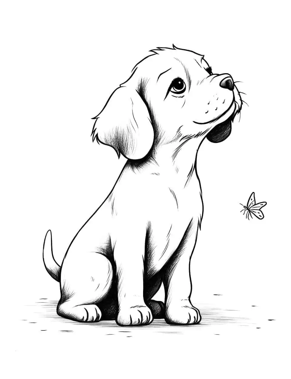 Baby Dog and the Butterfly Coloring Page - A baby dog looking in awe at a butterfly flying towards it.