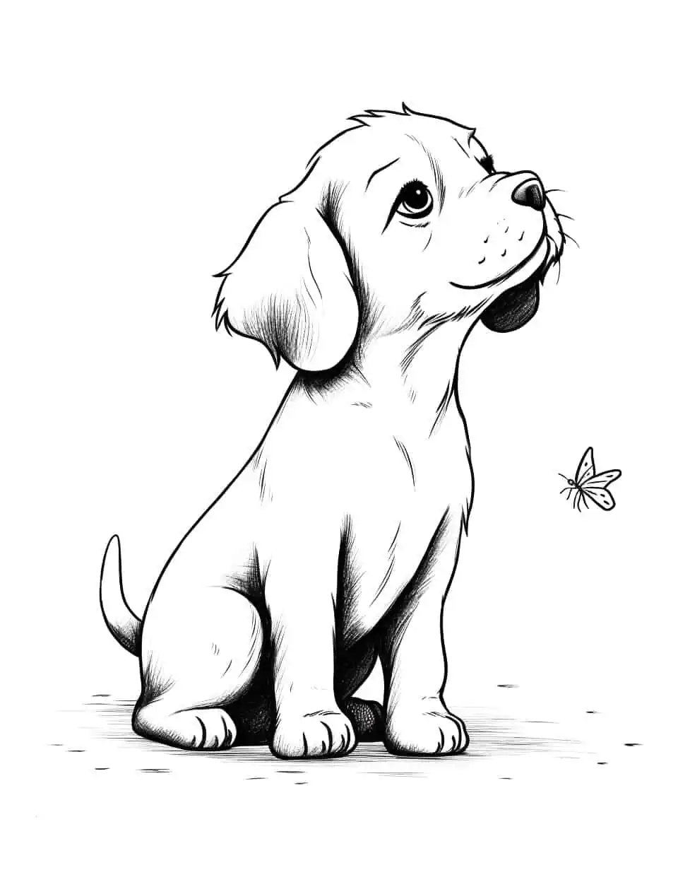 Baby Dog and the Butterfly Coloring Page - A baby dog is looking in awe at a butterfly flying towards it.