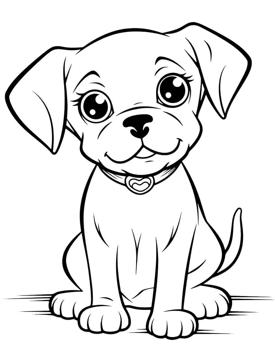 Kawaii Boxer Puppy Dog Coloring Page - A Boxer puppy styled in a cute, kawaii theme with big, adorable eyes.