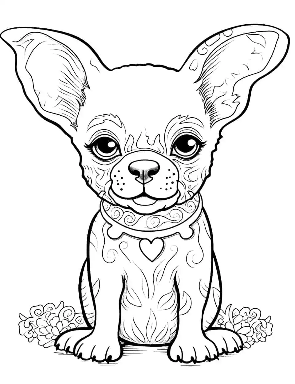 Mandala and Chihuahua Mix Coloring Page - A cute Chihuahua in the center of a detailed, intricate mandala pattern.