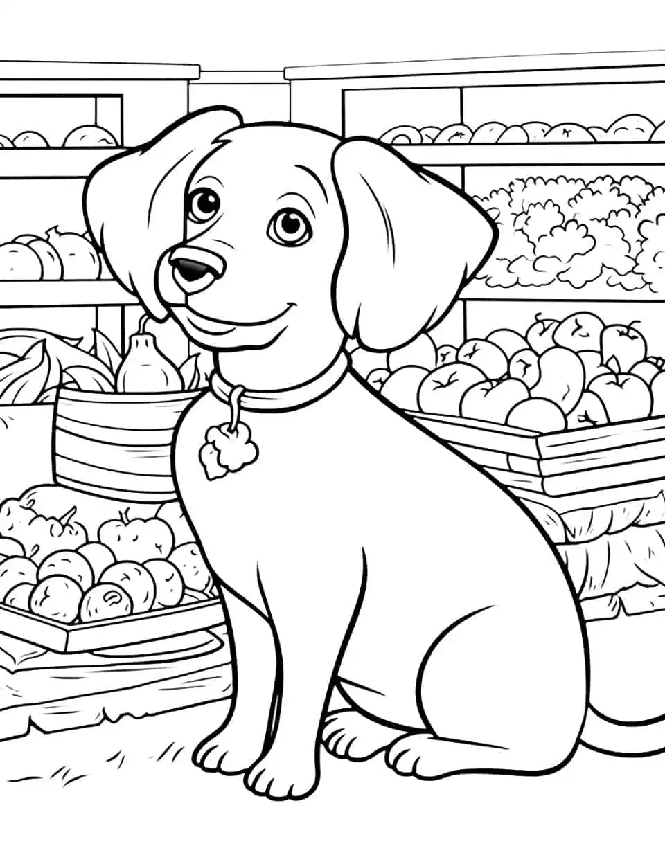 Dachshund at the Market Coloring Page - A Dachshund exploring a local market, sniffing out some fresh produce.