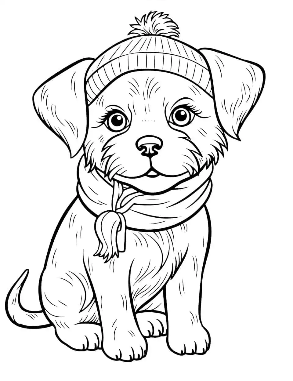 Yorkie in a Knit Hat Dog Coloring Page - A fashionable Yorkie in a colorful knit hat and scarf for a winter theme.