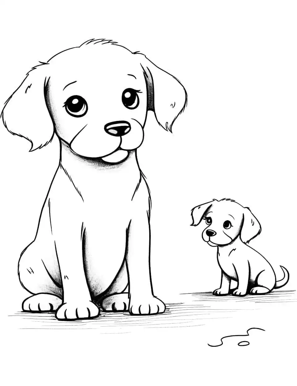 Baby Dog's First Steps Coloring Page - A baby dog (puppy) taking its first steps while its sibling watches.