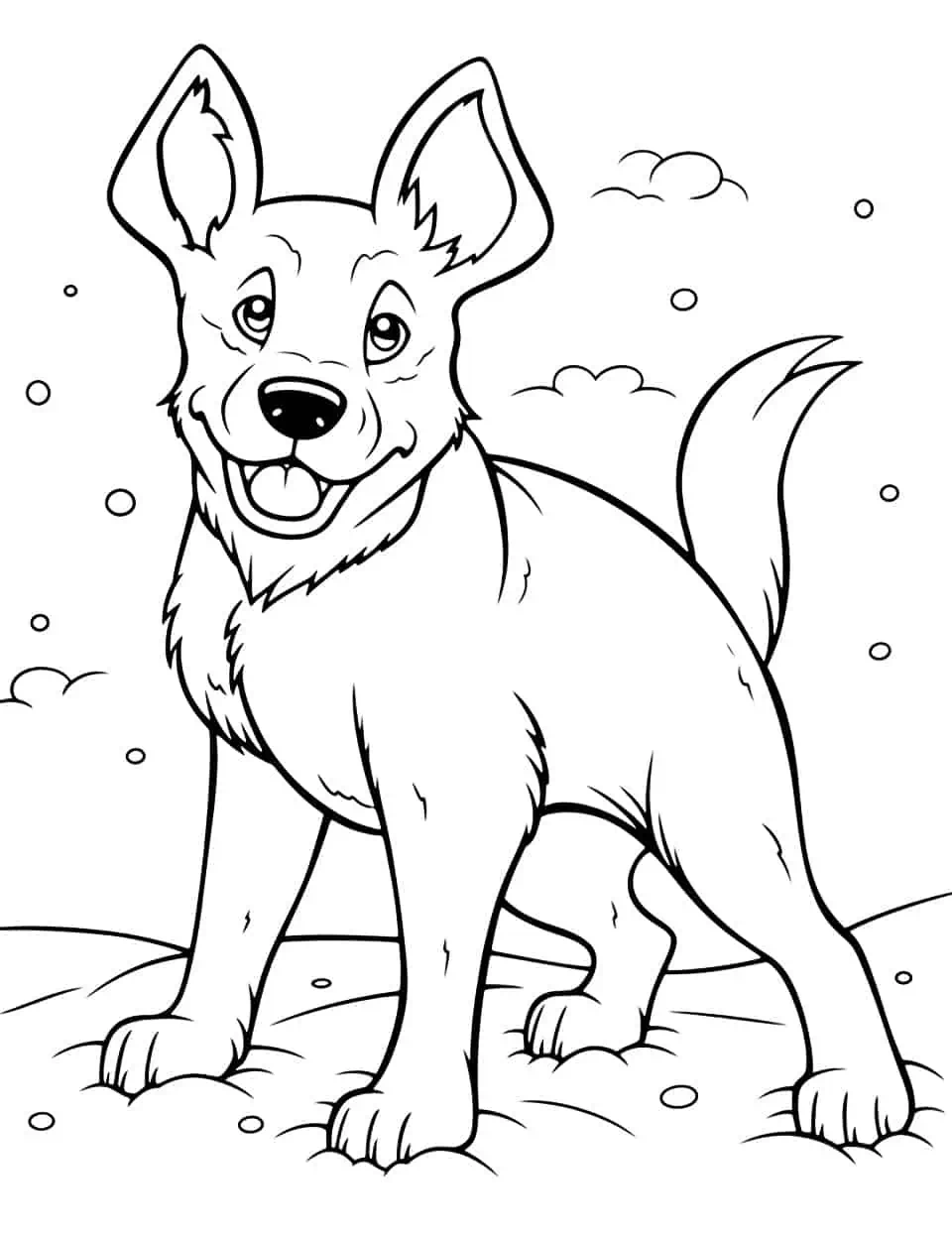 German Shepherd in the Snow Dog Coloring Page - A German Shepherd is playing in the snow, trying to catch snowflakes.