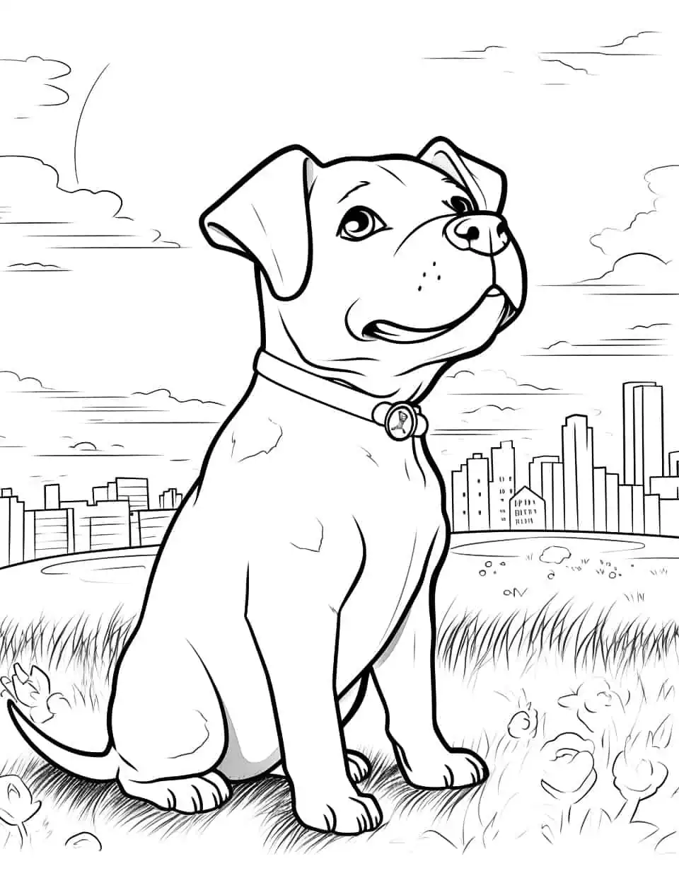 Pitbull and the Sunset Coloring Page - A Pitbull sitting peacefully and watching the sunset in a park.