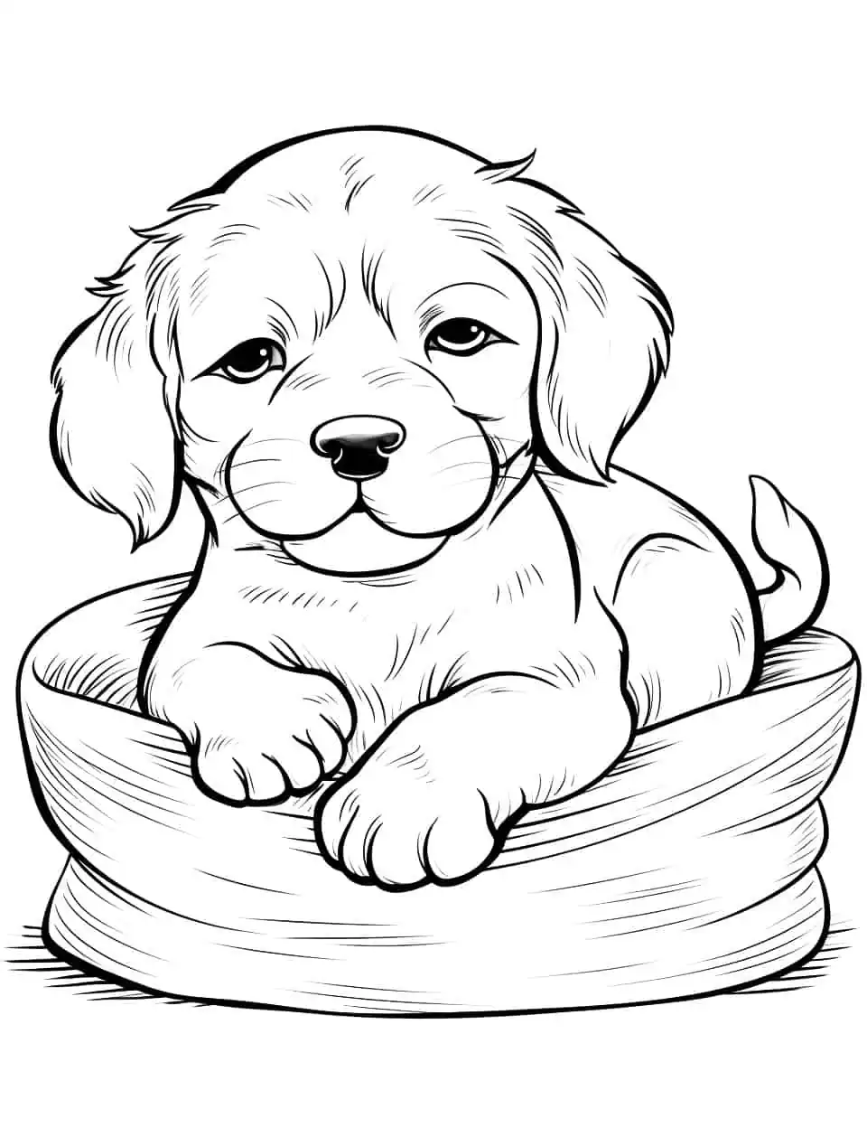 Baby Dog's Nap Time Dog Coloring Page - A baby dog sleeps soundly in its cozy bed.