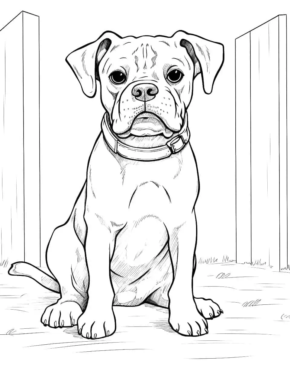 Realistic Boxer Guarding Dog Coloring Page - A detailed, realistic sketch of a Boxer dog guarding its home.