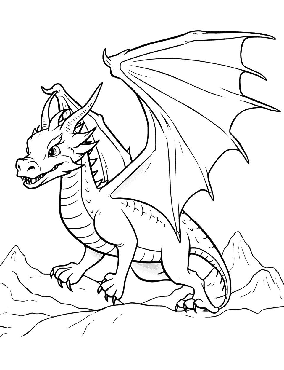 Realistic Dragon Coloring Page - A detailed and realistic dragon soaring in the sky above a mountain range.