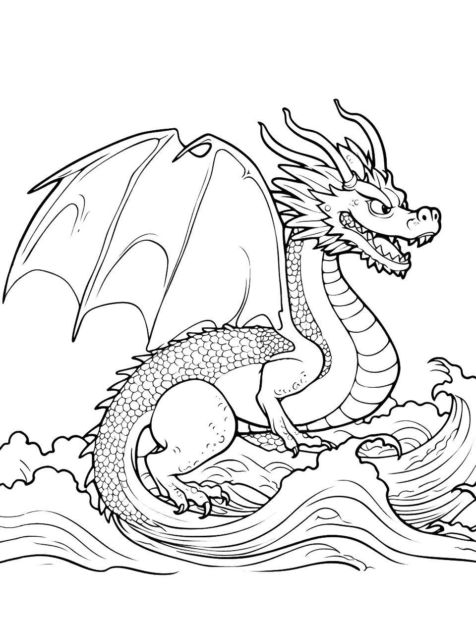 Seawing Dragon Coloring Page - A Seawing dragon, surfing a giant wave.