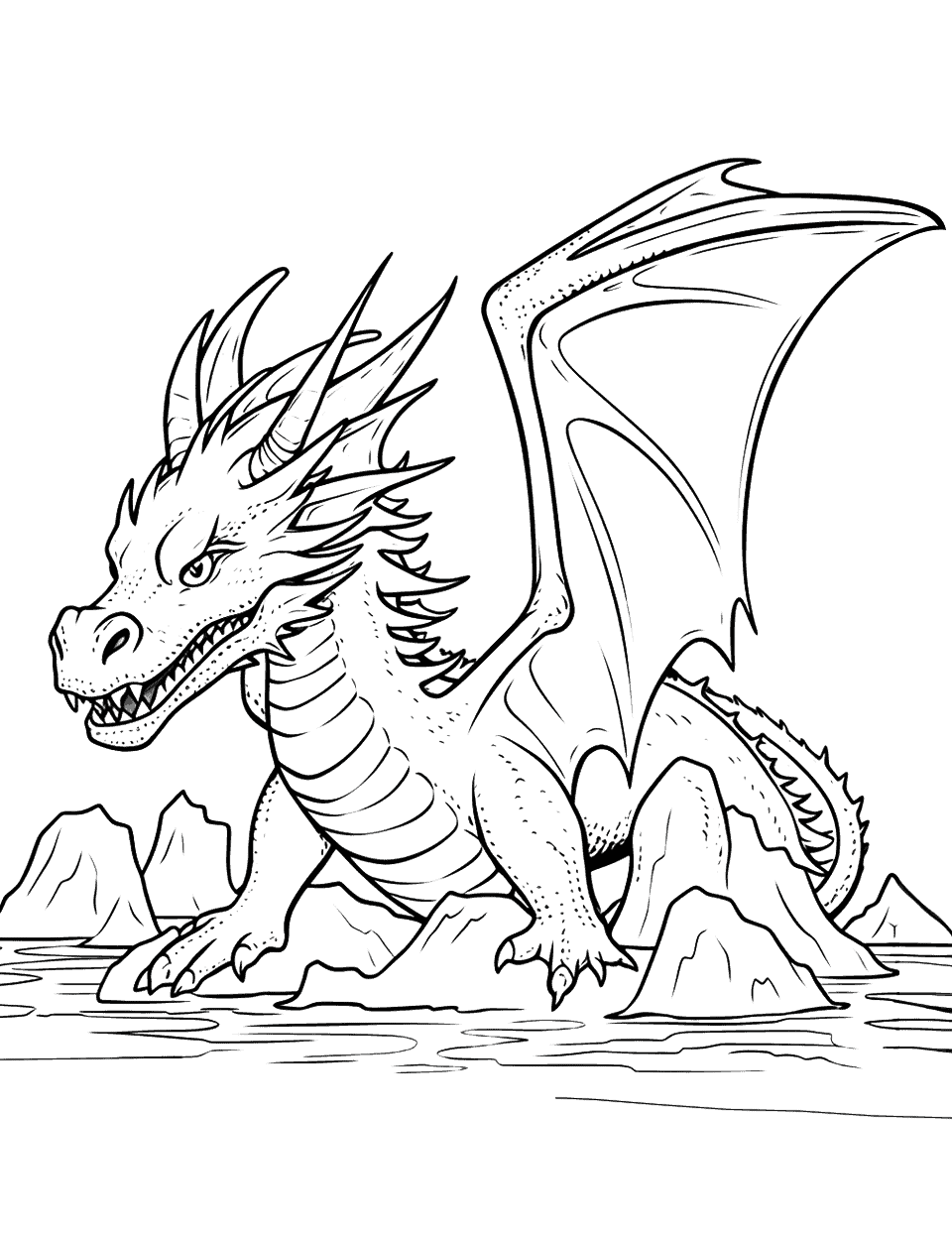 Ice Dragon Coloring Page - An ice dragon, standing on top of a freezing lake.