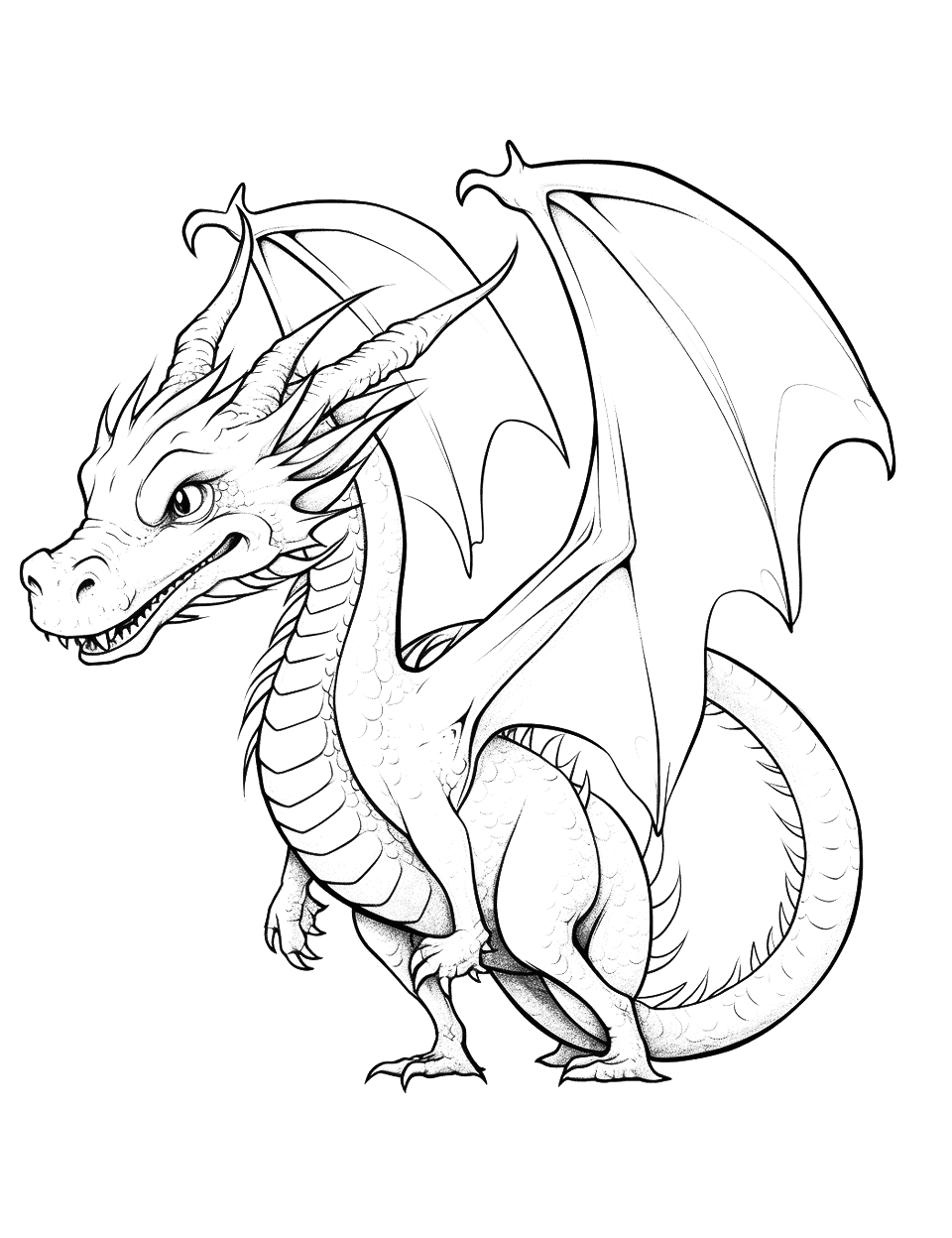 Dragon Drawing Coloring Page - A detailed dragon drawing, showcasing every scale and claw.