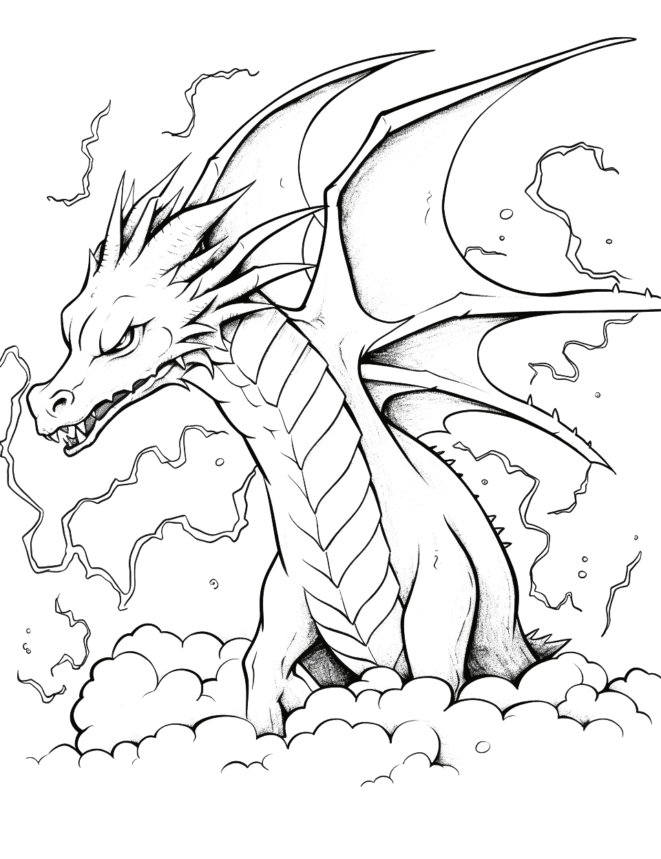 Lightning Dragon Coloring Page - A lightning dragon, sparking with energy, amidst a thunderstorm.