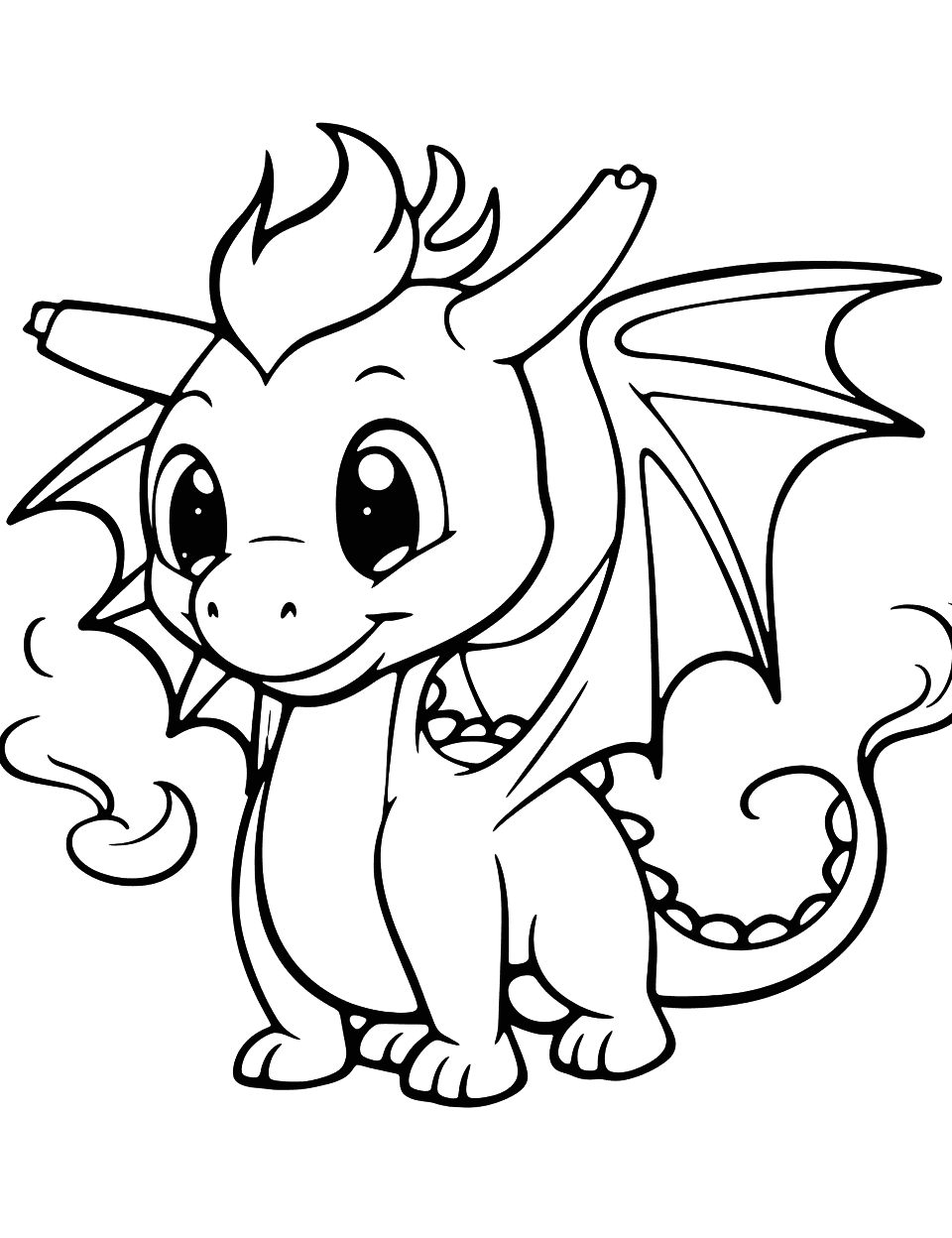 Chibi Dragon Coloring Page - A cute chibi-style dragon blowing a puff of smoke.