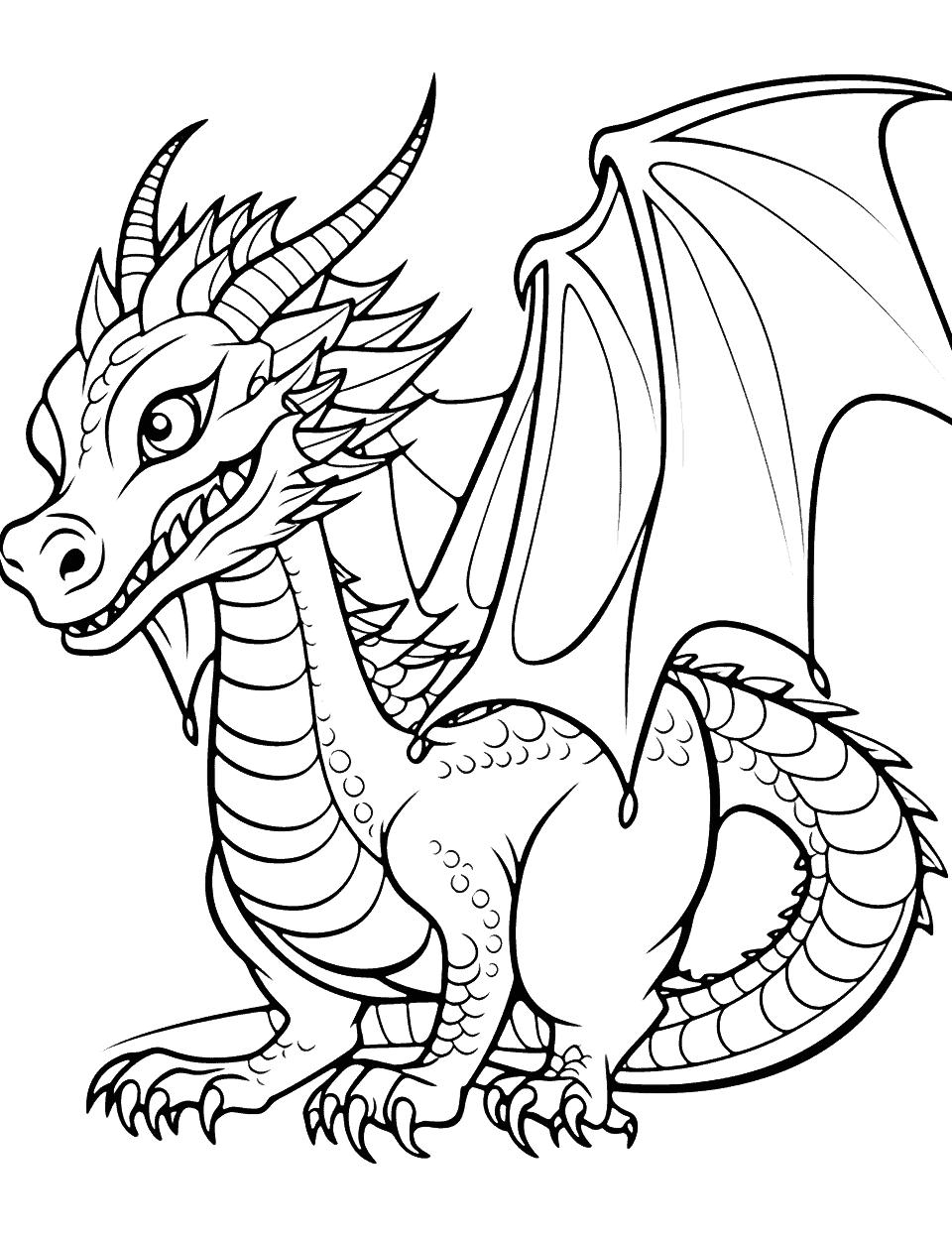 Fantasy Dragon Coloring Page - A fantasy-style dragon with glowing eyes and shimmering scales.