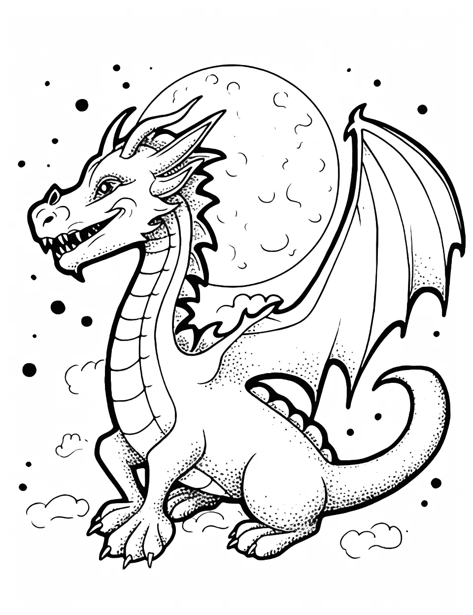 Dragon and Moon Coloring Page - A silhouetted dragon flying across a star-filled night sky with a full moon.
