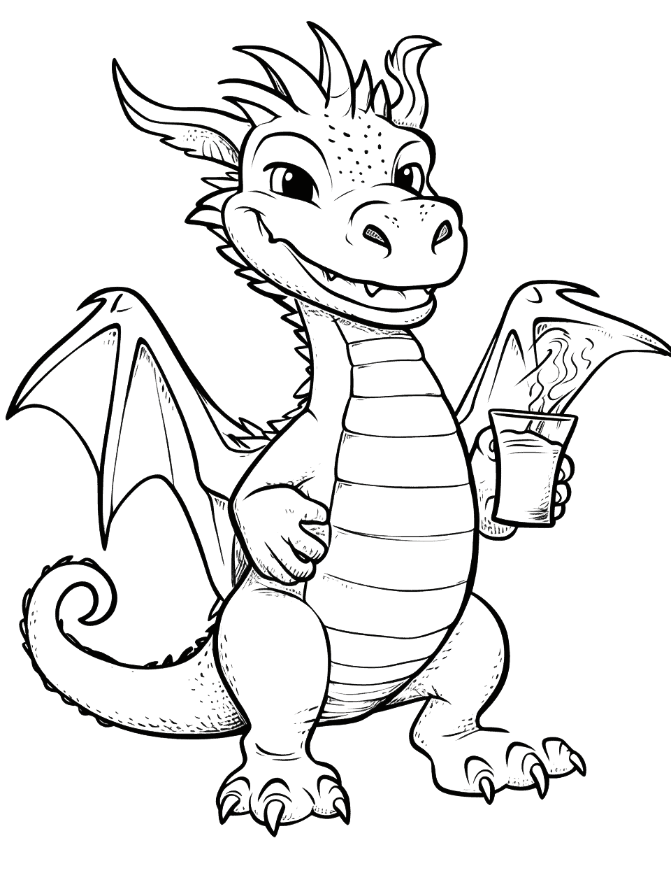 Cool Dragon Coloring Page - A cool dragon with a laid-back attitude and sipping a drink.