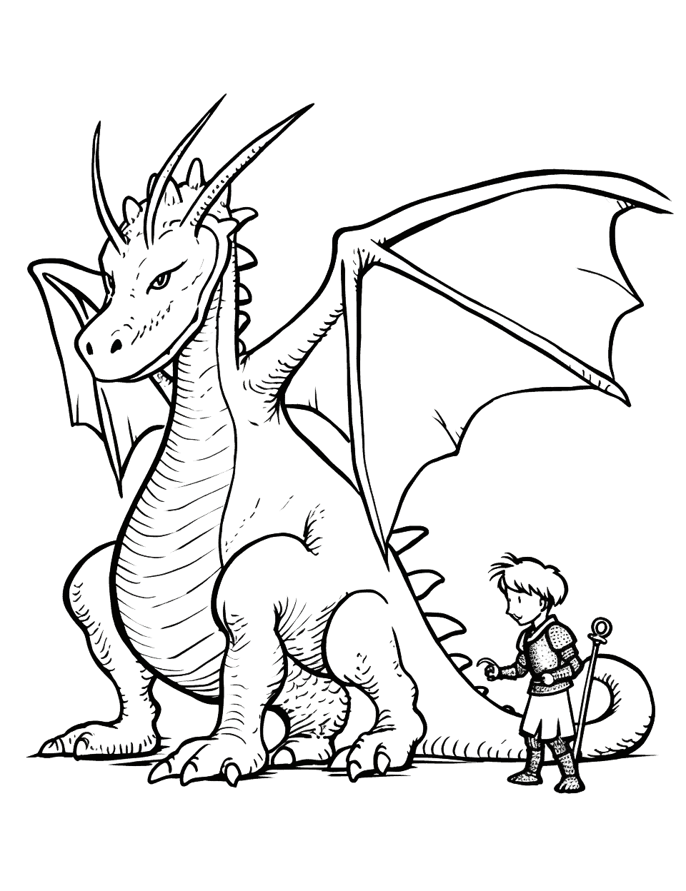Dragon and Knight Coloring Page - A brave knight facing a fire-breathing dragon.