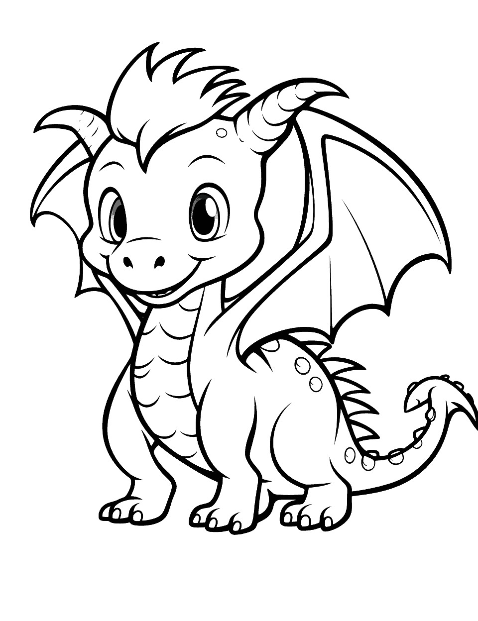Kawaii Baby Dragon Coloring Page - A kawaii-style baby dragon, with big eyes and a playful smile.
