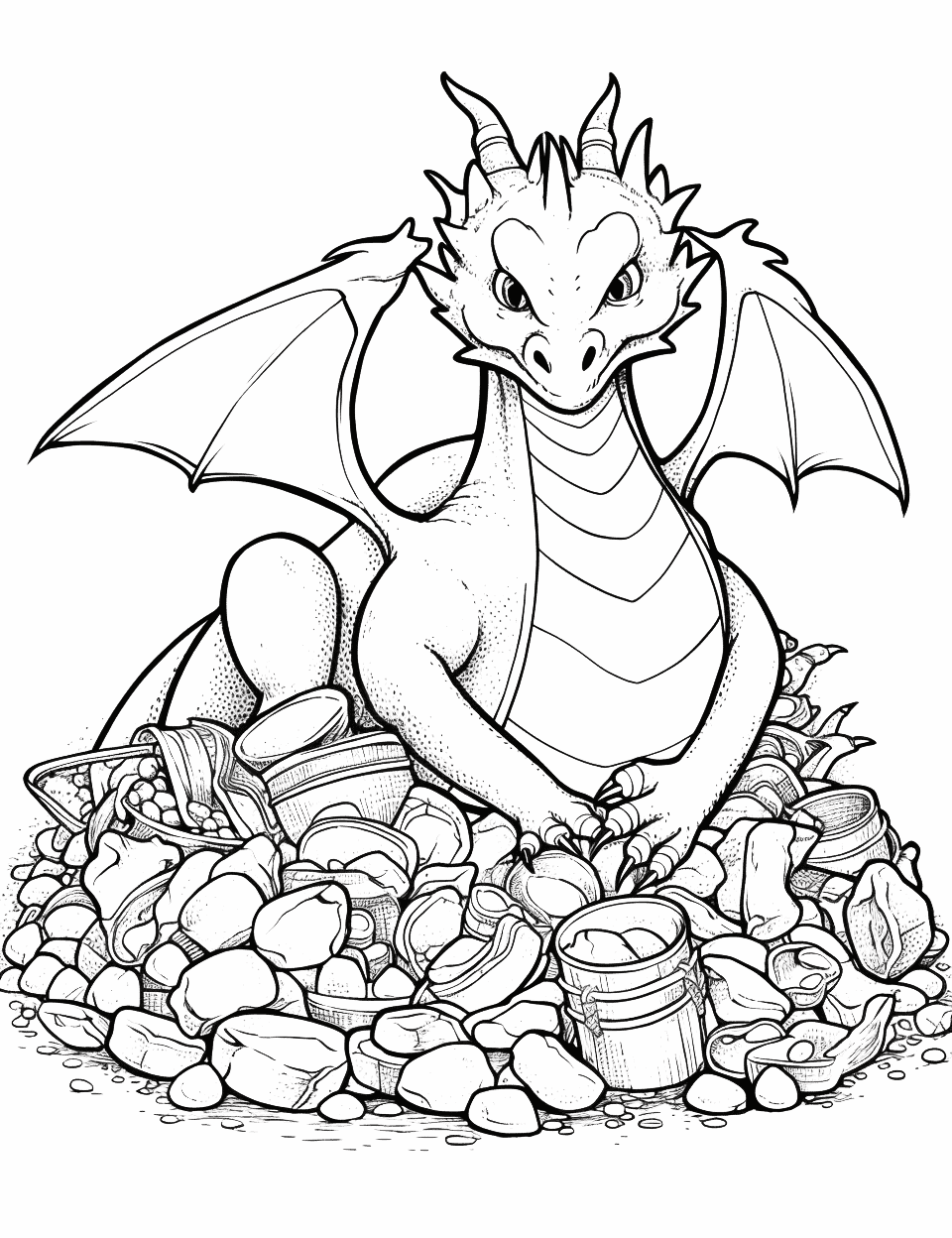Dragon's Treasure Dragon Coloring Page - A dragon protectively huddled over its hoard of treasure.