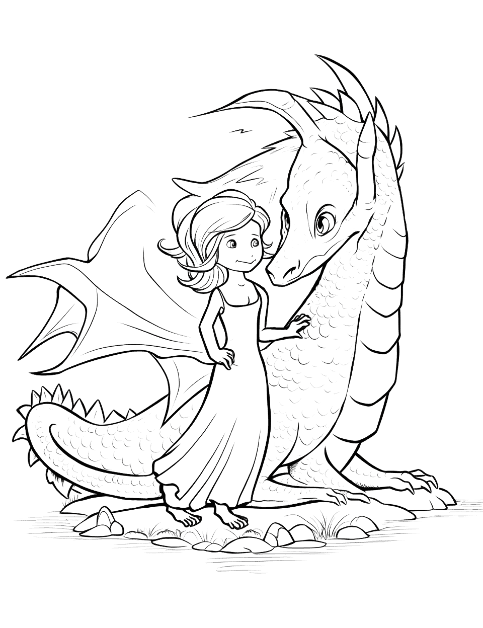Dragon and Princess Coloring Page - A beautiful princess calmly petting a fierce dragon.