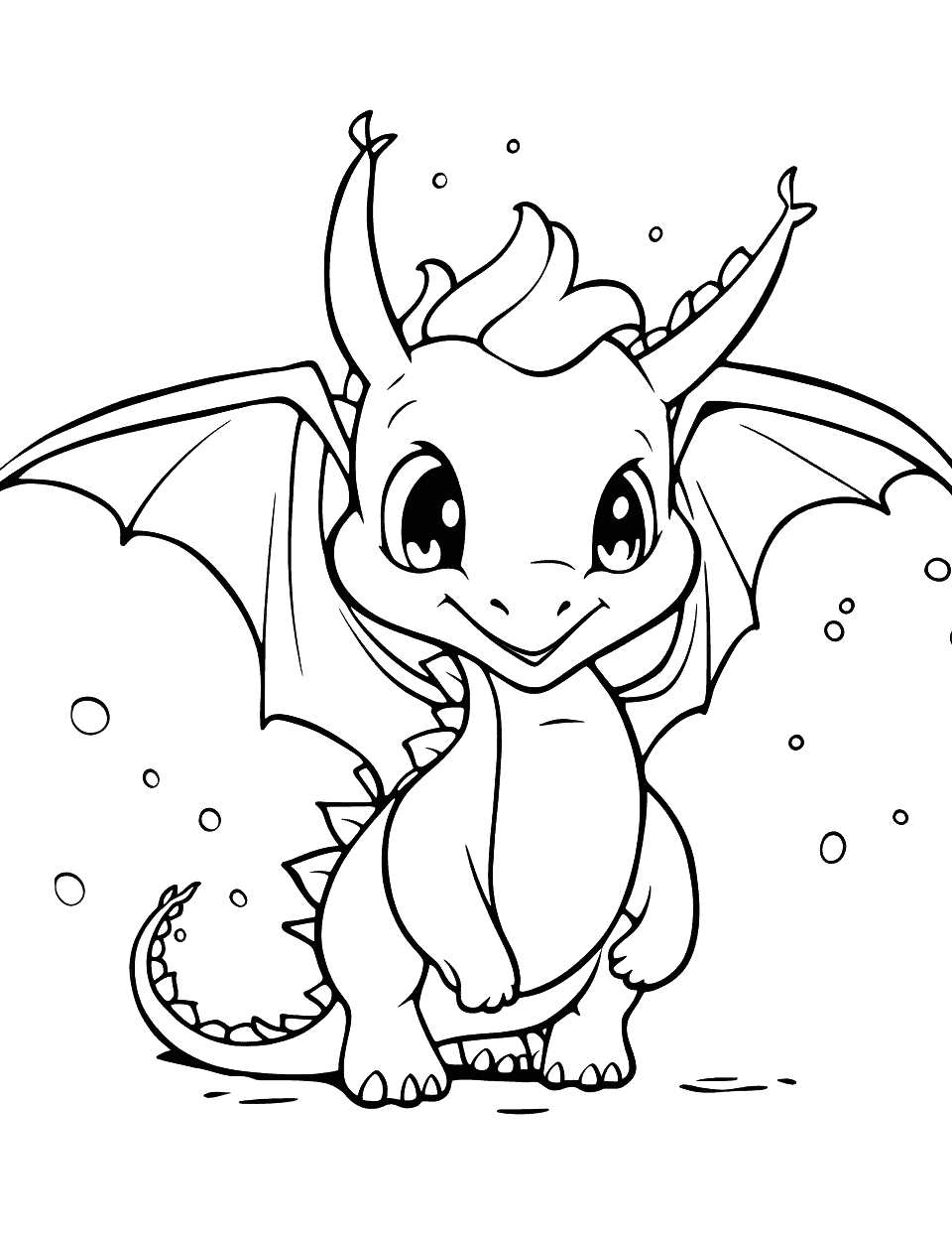 Icewing Baby Dragon Coloring Page - A cute Icewing baby dragon playing with snowflakes.