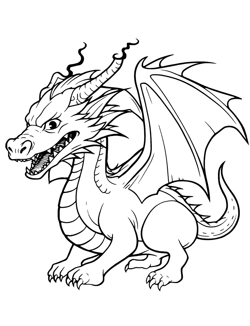 Fire Dragon Coloring Page - An imposing fire dragon, mouth open, ready to belch flames into the sky.