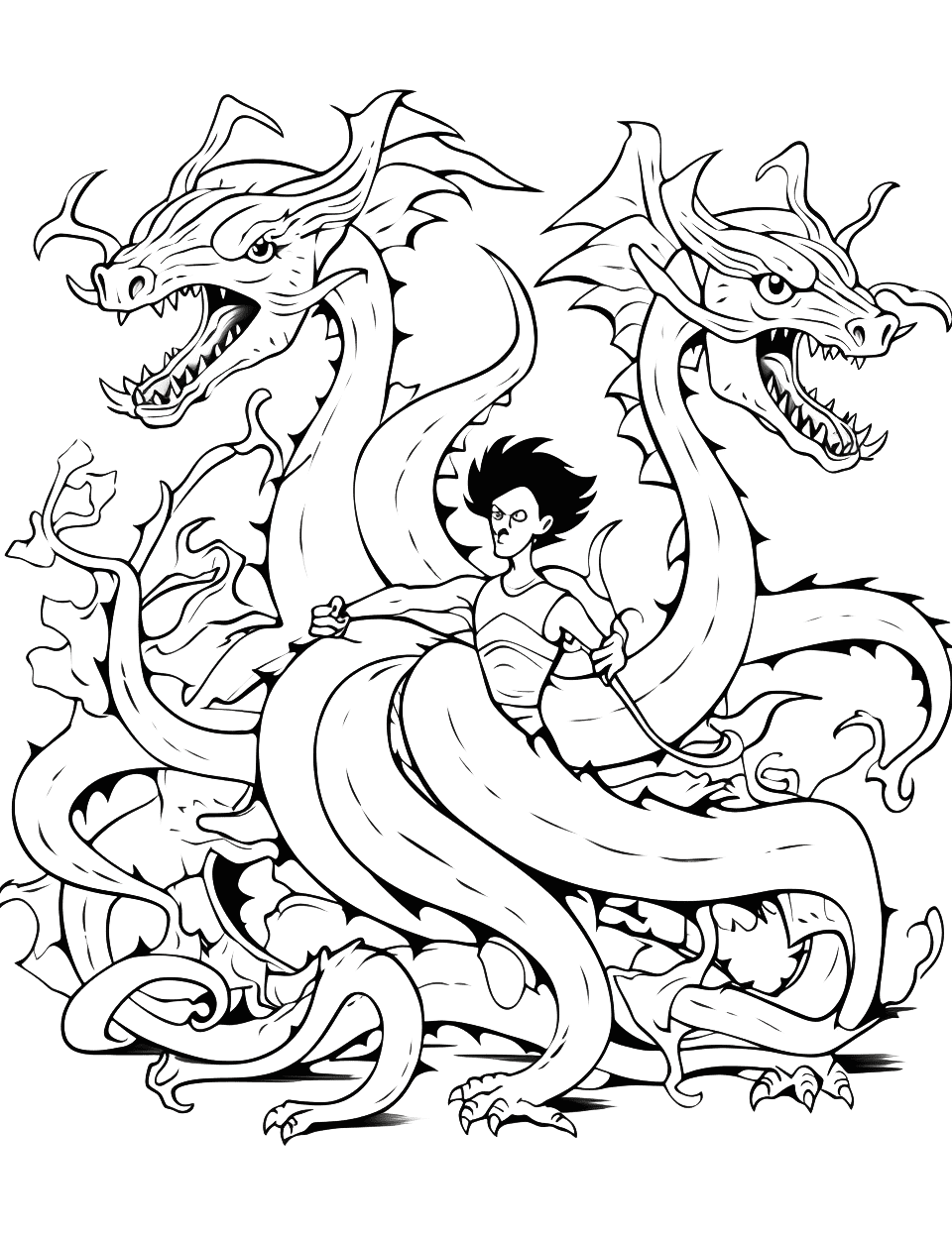 Hydra Battle Coloring Page - A brave hero battling a multi-headed Hydra.