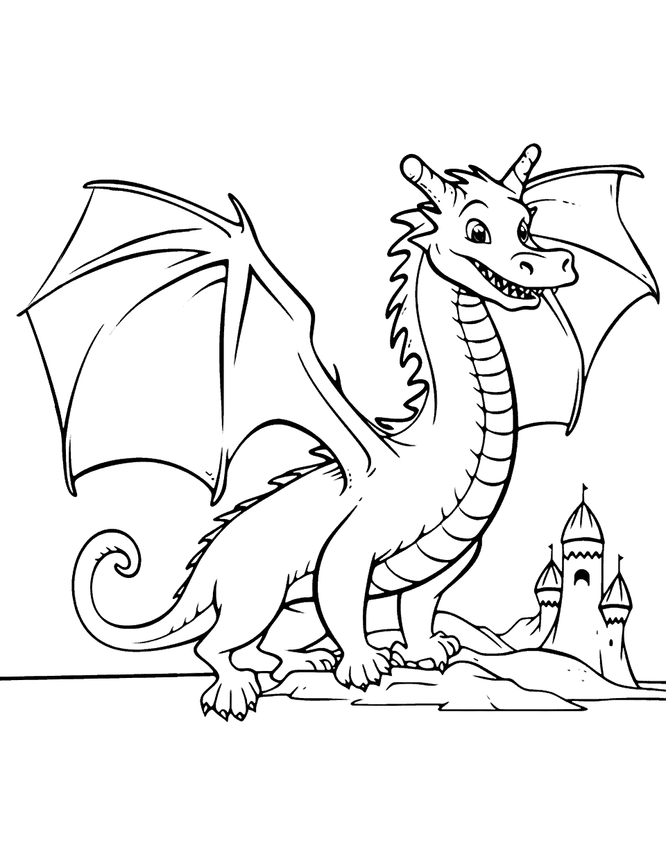 Dragon and Castle Coloring Page - A dragon flying around a grand castle.
