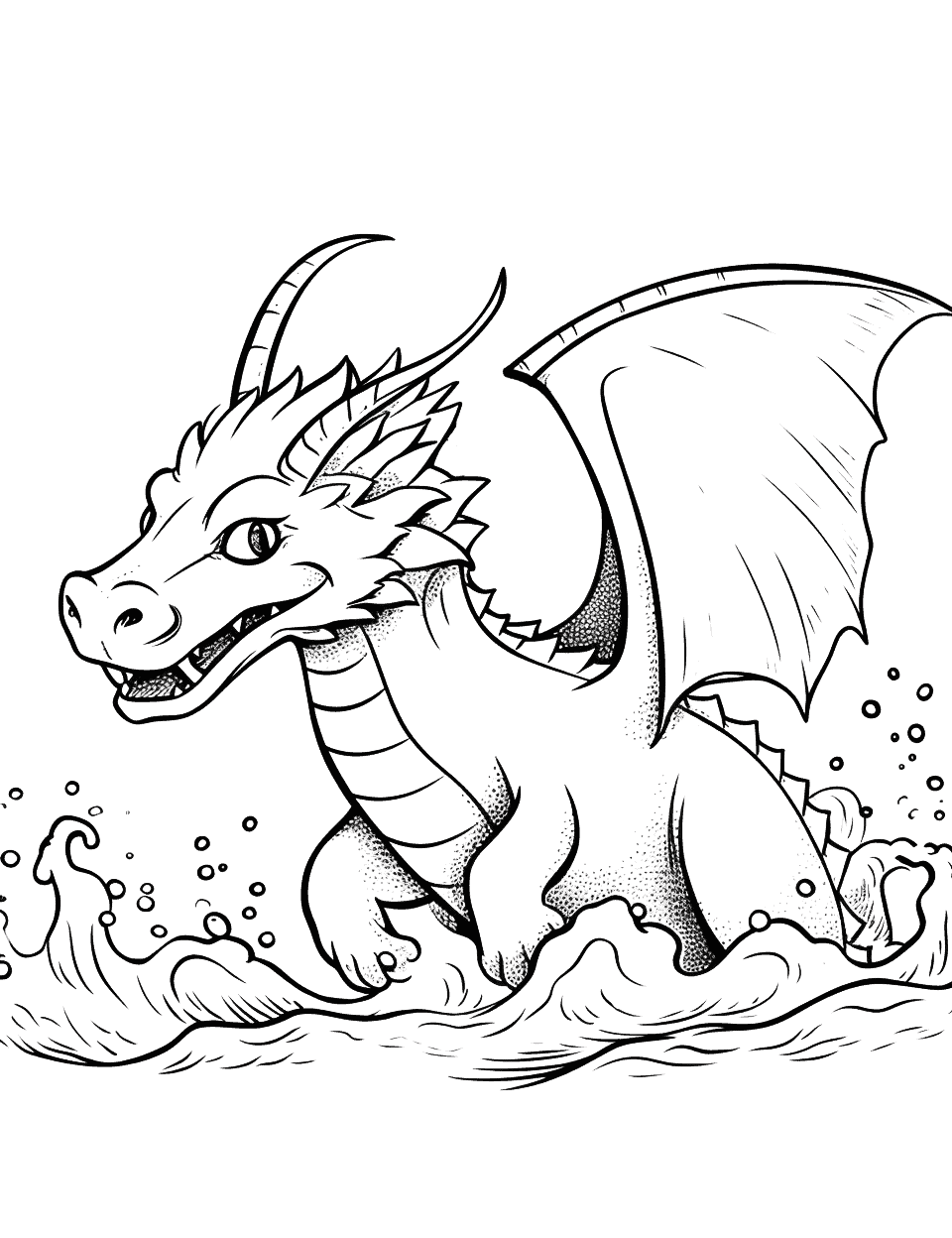 Seawing Dragon Dive Coloring Page - A Seawing dragon diving into the ocean with a splash.