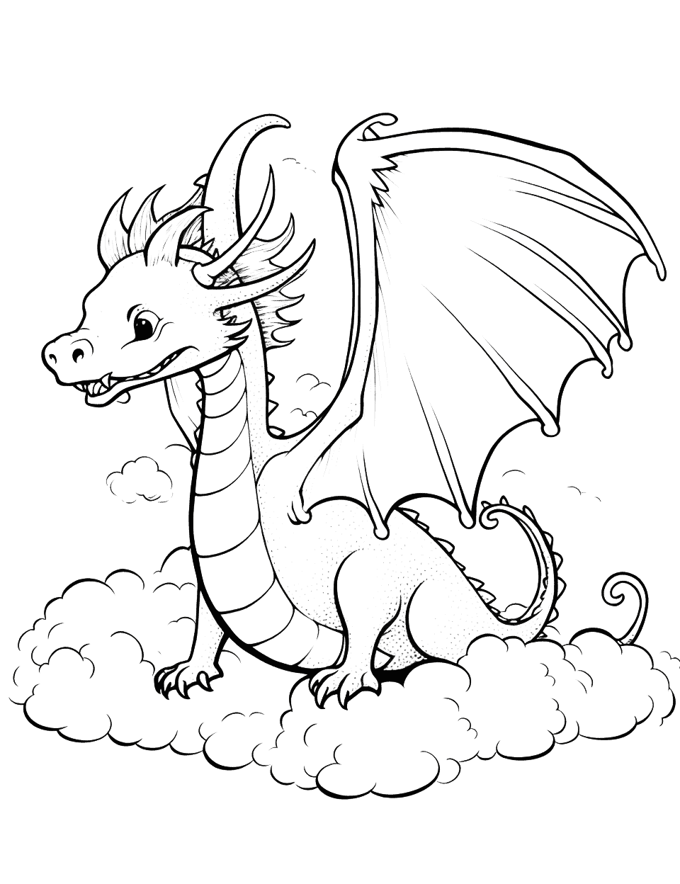Dragon in the Clouds Coloring Page - A dragon hiding in the fluffy clouds.