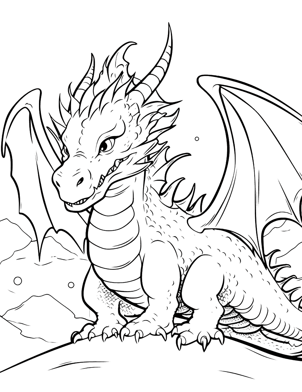 Ice Dragon in the Snow Coloring Page - An ice dragon, camouflaged in a snow-covered landscape.