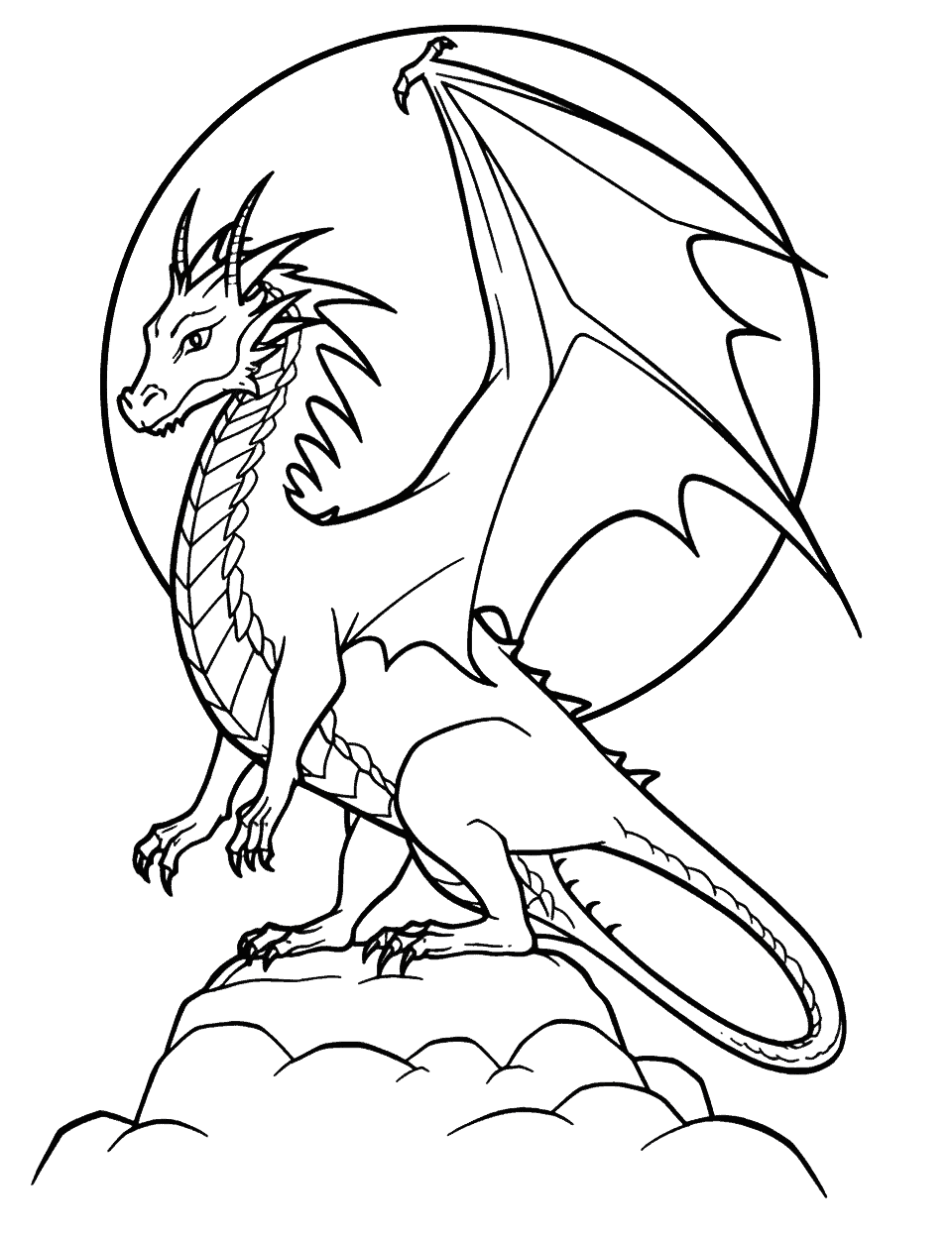 Nightwing Dragon Coloring Page - An ominous Nightwing dragon, silhouetted against a full moon.