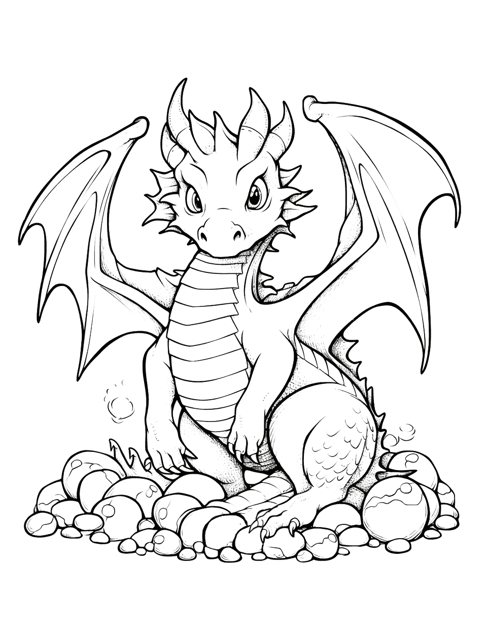 Mythical Dragon Coloring Page - A majestic mythical dragon, surrounded by a hoard of golden treasures.