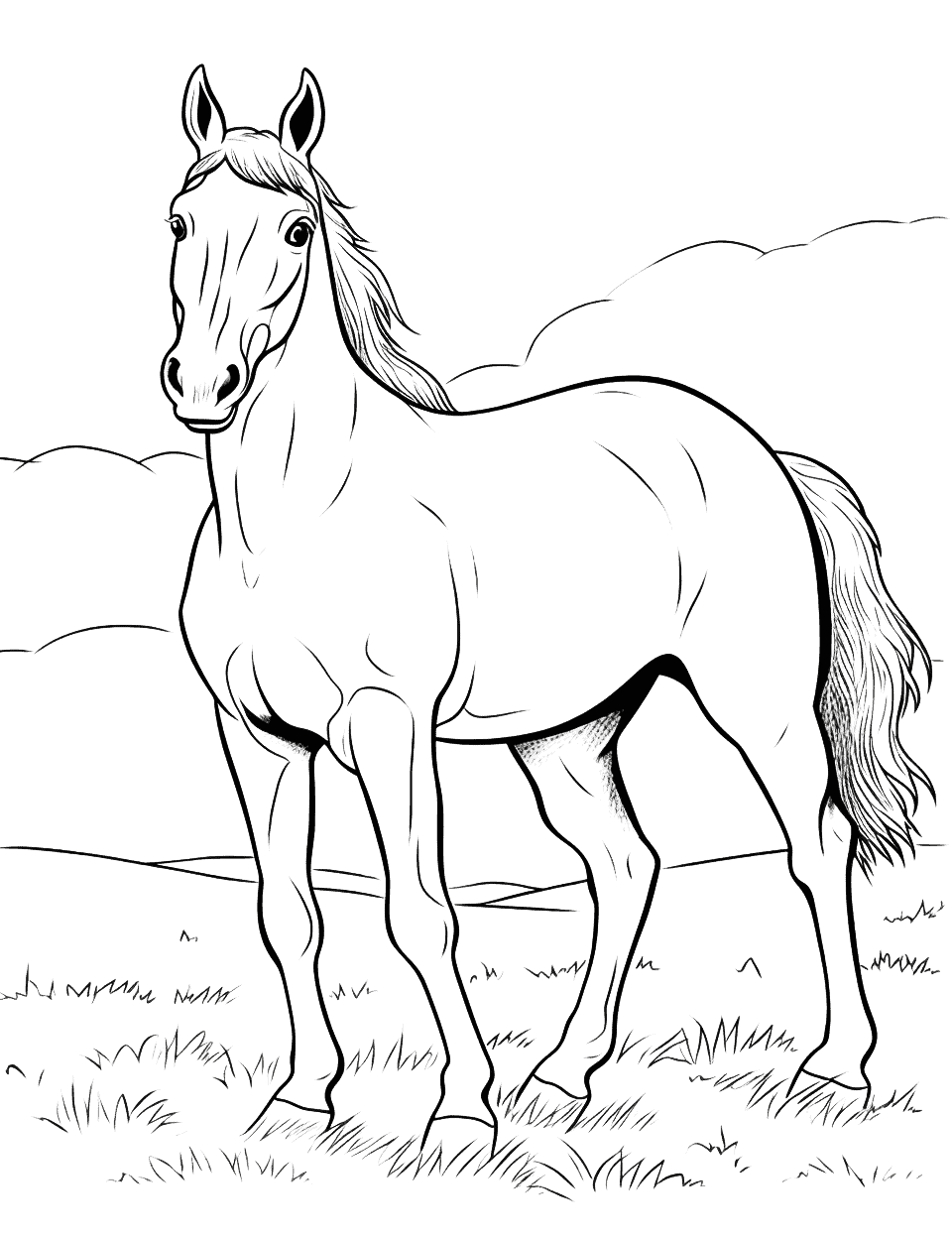 Realistic Quarter Horse Coloring Page - A detailed, lifelike drawing of a Quarter horse standing in a field.