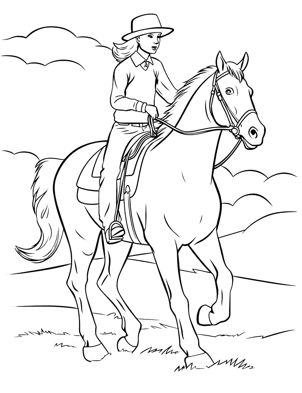 Western Rodeo Scene Coloring Page - A thrilling western rodeo scene with a horse and its rider.